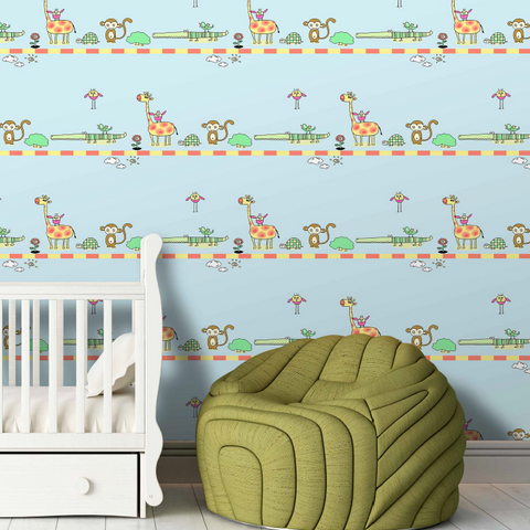 Animal Cartoon Wallpaper - Blue (Galaxy 7829-1J) Animal Cartoon Wallpaper - Blue (Galaxy 7829-1J)