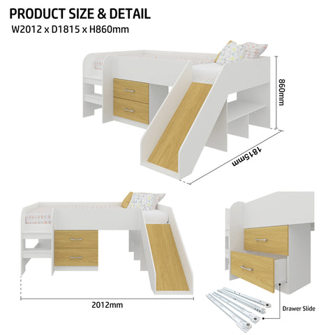 Oslo Basics Toro Mid Sleeper with Slide, Shelves and Dresser Oslo Basics Toro Mid Sleeper with Slide, Shelves and Dresser