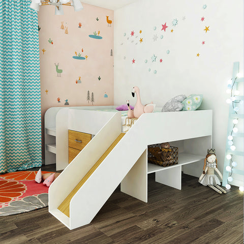 Oslo Basics Toro Mid Sleeper with Slide, Shelves and Dresser Oslo Basics Toro Mid Sleeper with Slide, Shelves and Dresser