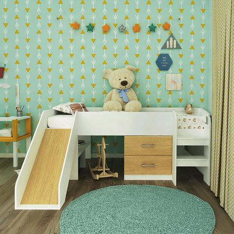 Oslo Basics Toro Mid Sleeper with Slide, Shelves and Dresser Oslo Basics Toro Mid Sleeper with Slide, Shelves and Dresser
