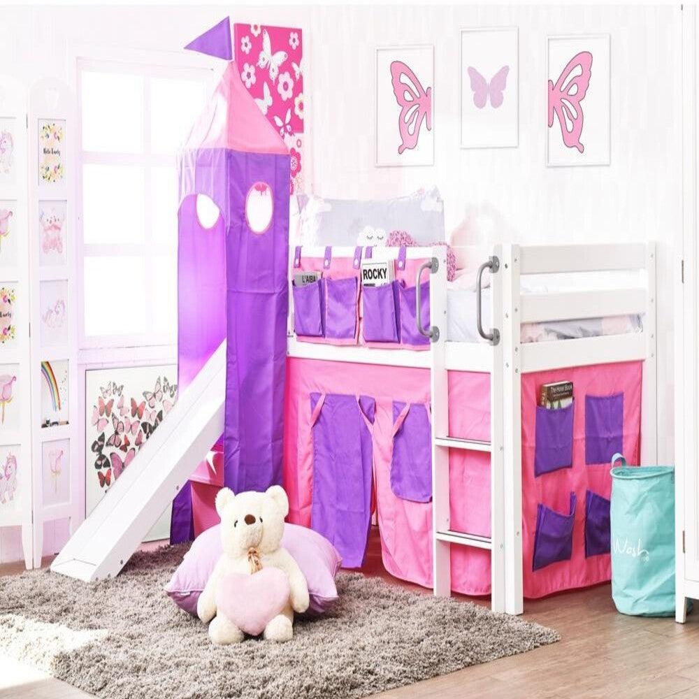 Oslo Basics Emily Mid Sleeper with Slide, Tower and Curtains - Kids Haven Oslo Basics Emily Mid Sleeper with Slide, Tower and Curtains - Kids Haven