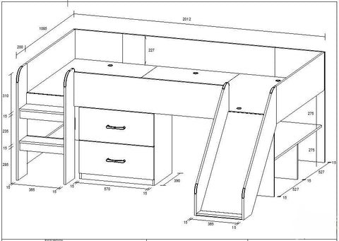 Oslo Basics Toro Mid Sleeper with Slide, Shelves and Dresser Oslo Basics Toro Mid Sleeper with Slide, Shelves and Dresser