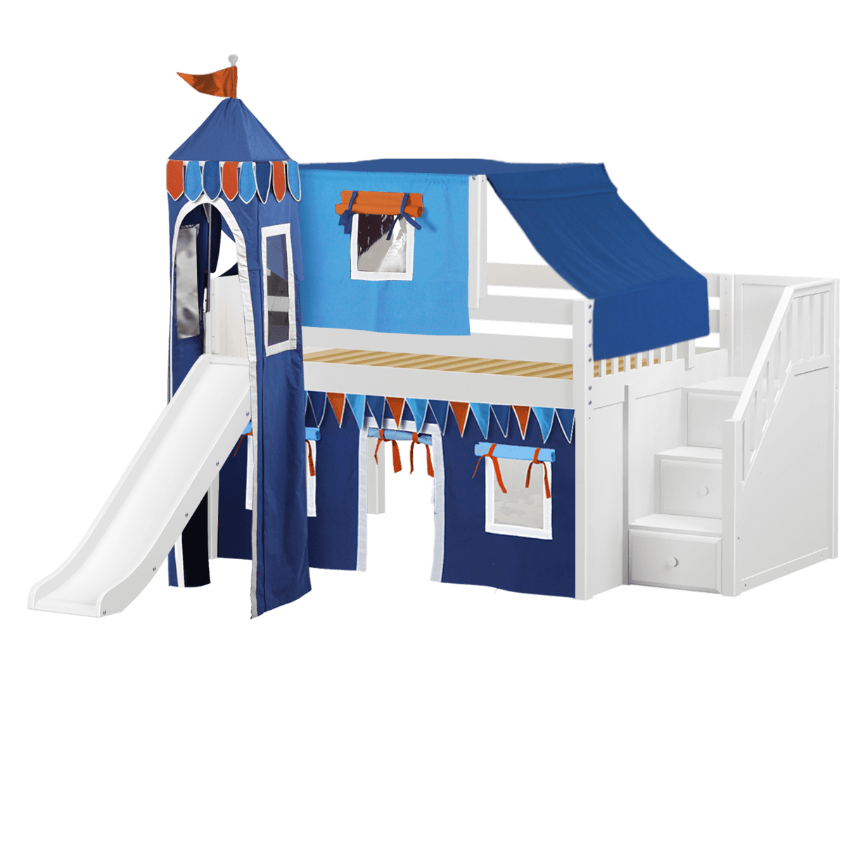 Maxtrix Low Loft w Front Slide (Ladder or Staircase) - fabric options - Kids Haven Maxtrix Low Loft w Front Slide (Ladder or Staircase) - fabric options - Kids Haven