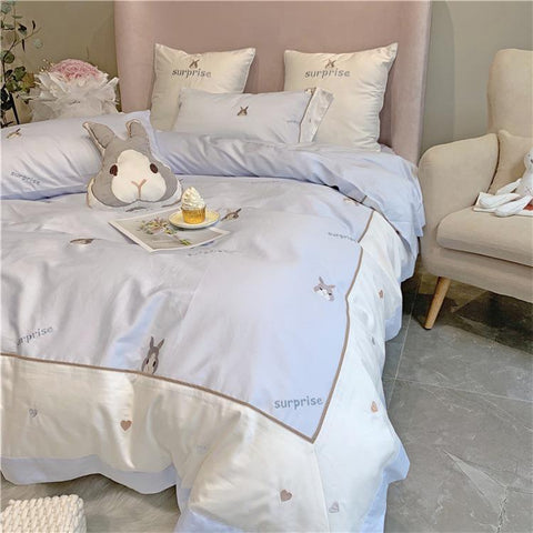 Snuggle Blue & Grey Rabbit Bedsheet Set (Queen / King) - Kids Haven