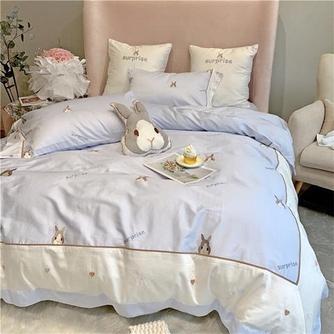 Snuggle Blue & Grey Rabbit Bedsheet Set (Queen / King) - Kids Haven