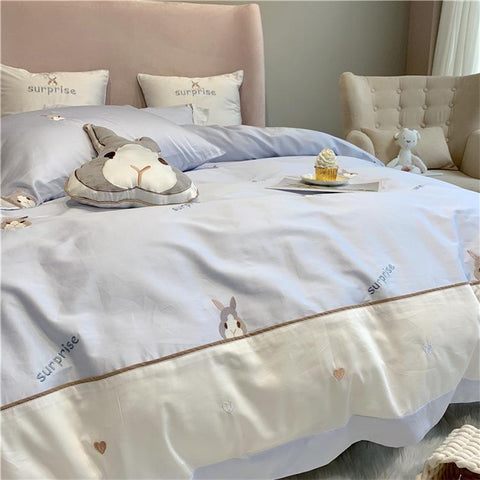 Snuggle Blue & Grey Rabbit Bedsheet Set (Queen / King) - Kids Haven