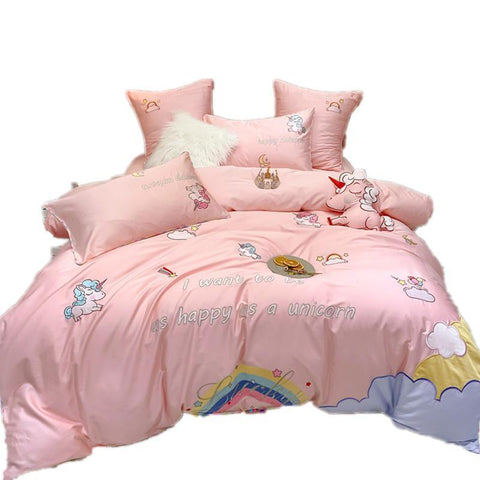 Snuggle Pink Unicorn Rainbow Bedsheet Set (Queen / King) - Kids Haven Snuggle Pink Unicorn Rainbow Bedsheet Set (Queen / King) - Kids Haven