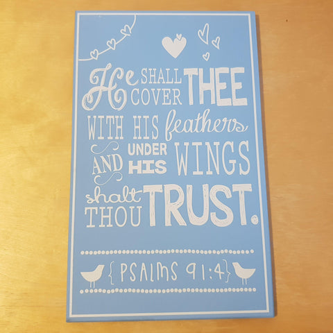 C&F Wooden He Shall Cover Thee (Blue) Quote Plaque - Kids Haven