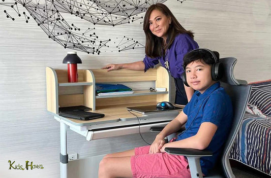 Mother and son with their study table