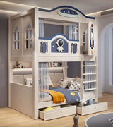 Spaceship-themed full-height bunk bed with storage drawers, a ladder, and playful space-inspired details
