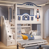 Spaceship-themed full-height bunk bed with a staircase, pull-out storage, and space-inspired elements