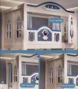 Collage showcasing the different opening options (front, side, and closed) for the spaceship-themed full-height bunk bed