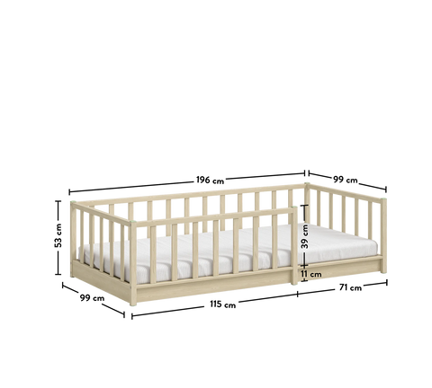 Cilek Montes Natural Roofless Bedstead measuring 90x190 cm with a 39 cm side height and 11 cm base clearance