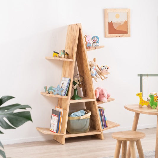 Wooden A-shape bookshelf in a room with toys and books on shelves