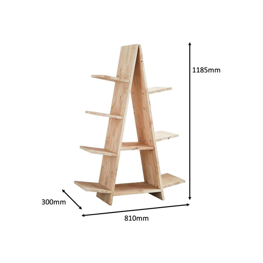 Wooden A-shape shelf with dimensions labeled on a white background