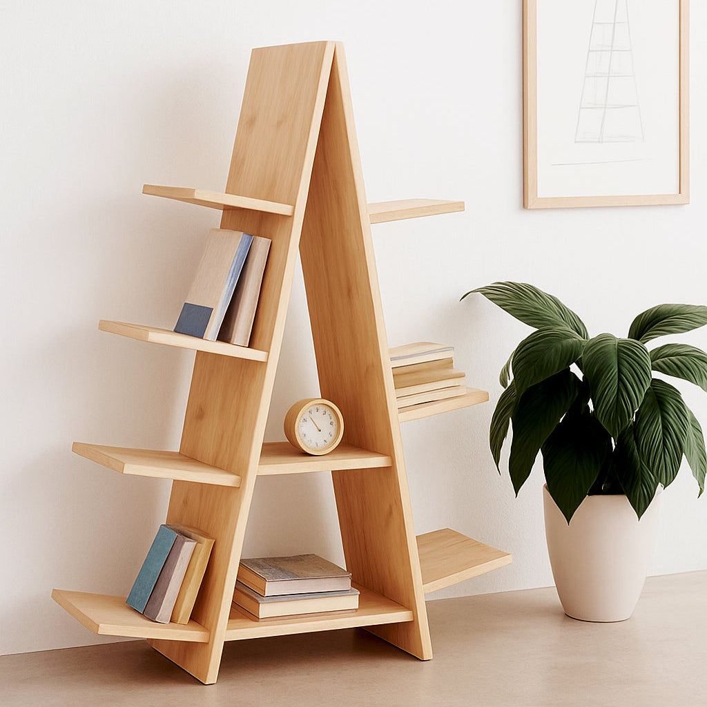 Wooden bookshelf with books and a clock, next to a potted plant on a light-colored floor.
