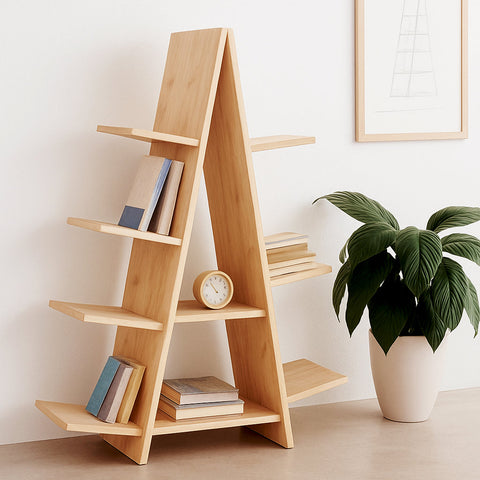 Wooden bookshelf with books and a clock, next to a potted plant on a light-colored floor.