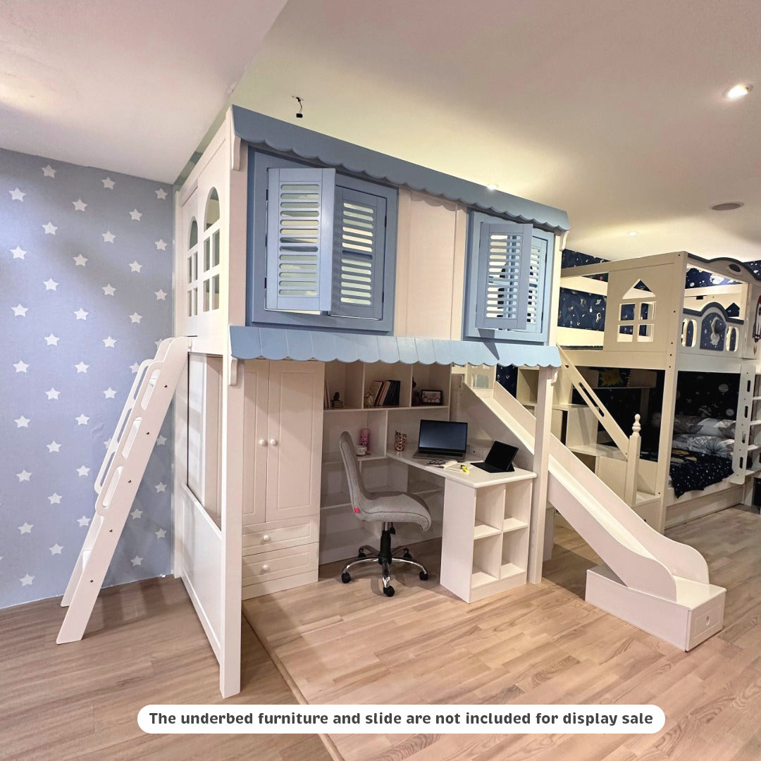 Children's bedroom with a playhouse-style bed, desk, and slide.