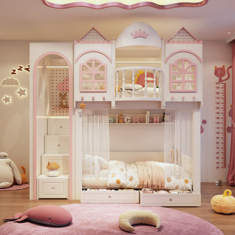 Children's bedroom with a castle-themed bed and pink decor