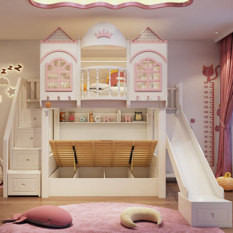 Children's bedroom with a white castle bed, slide, and pink accents.