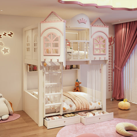 Children's bedroom with a castle-themed bed and decorative elements.