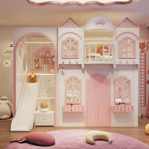 Children's room with a pink castle playhouse and slide