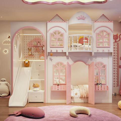 Children's bedroom with pink castle playhouse and toys