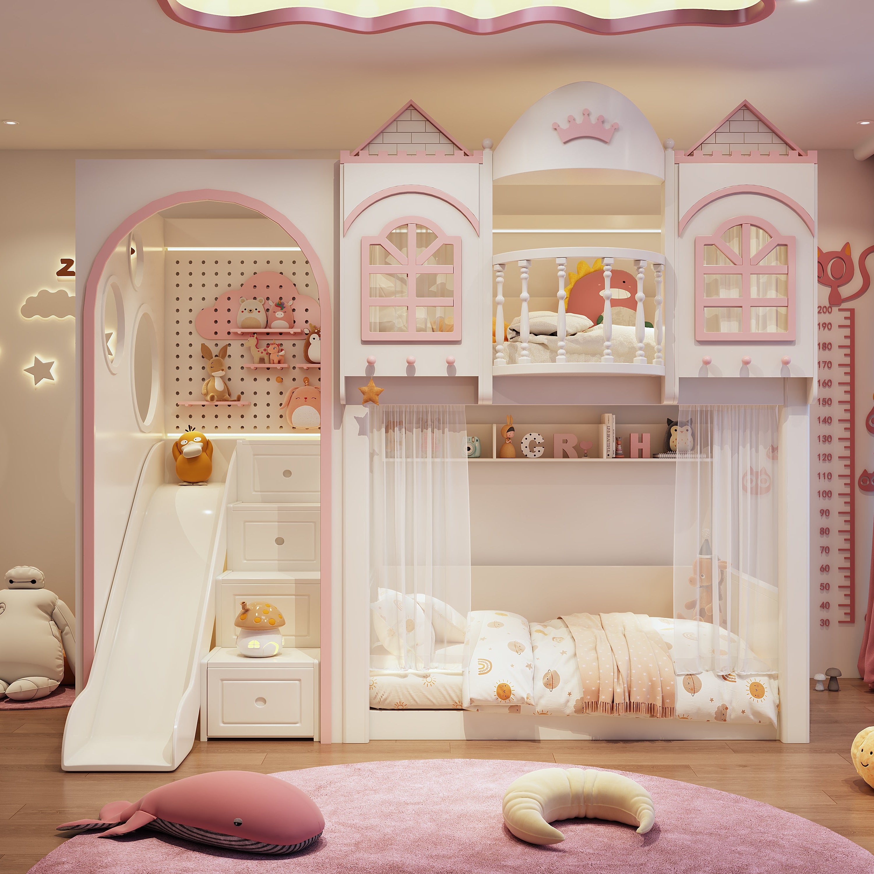 Children's bedroom with a castle-themed bed and slide