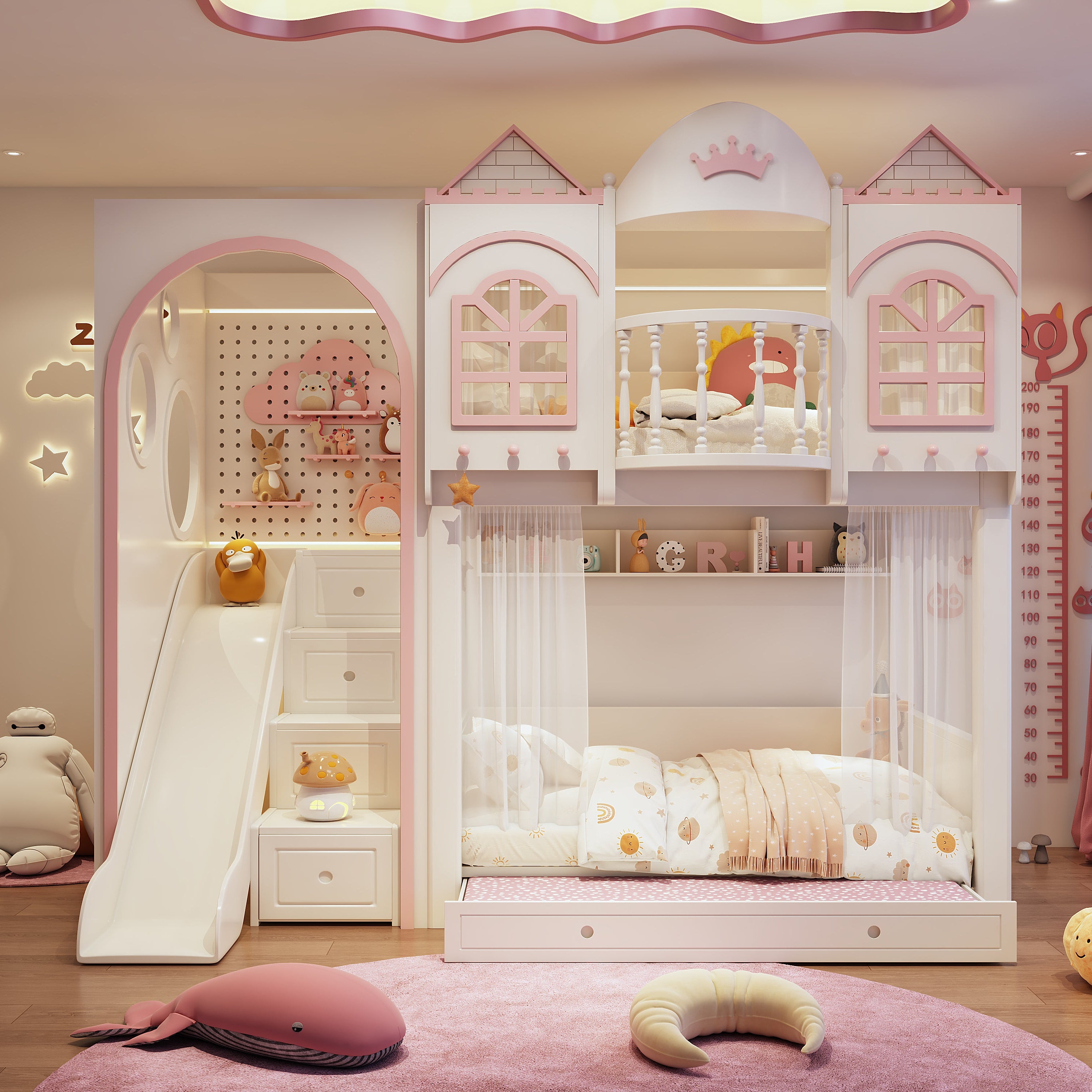 Children's bedroom with a pink castle bed and slide