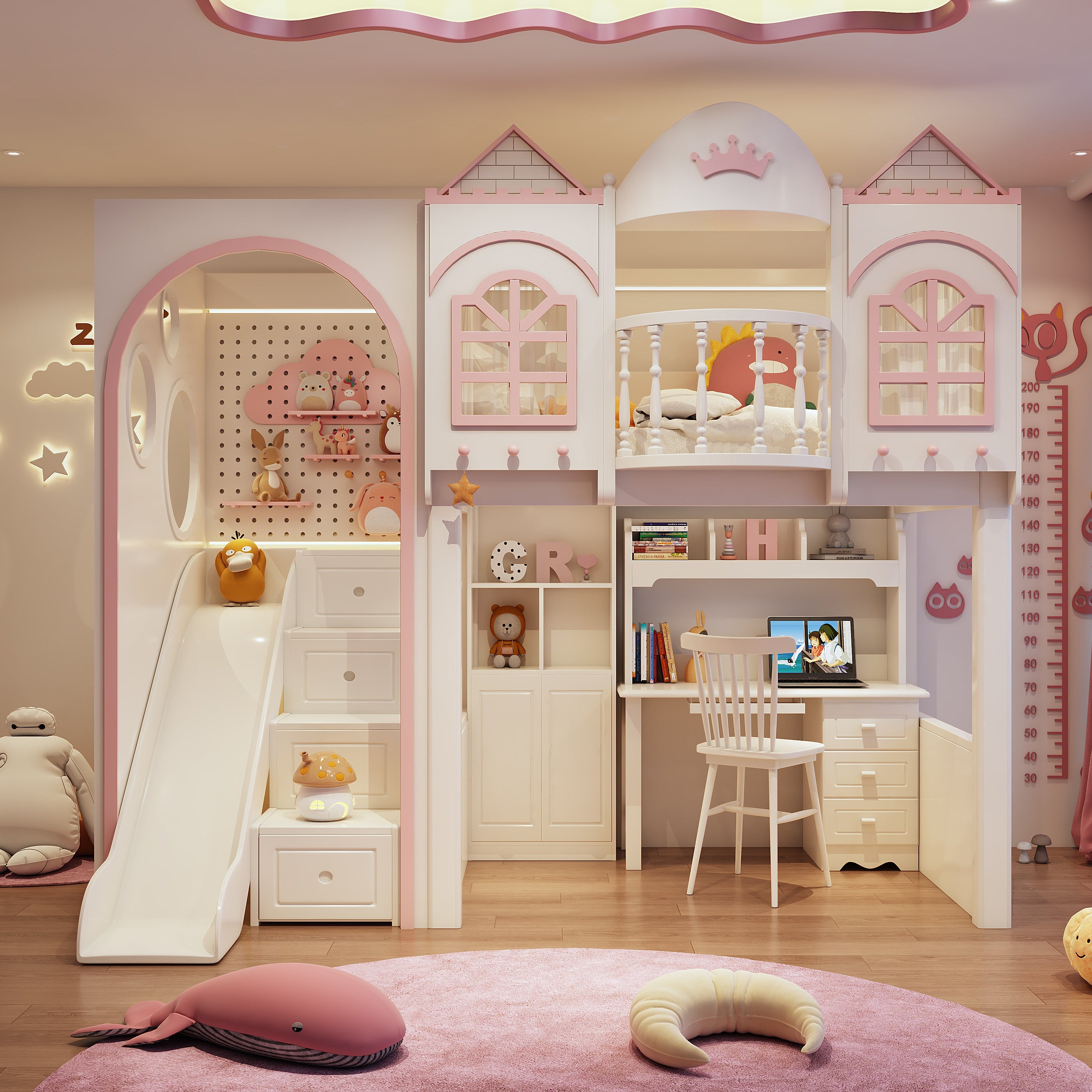 Children's bedroom with a castle-themed bed and slide