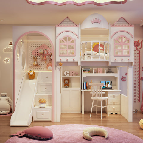 Children's bedroom with a castle-themed bed and slide