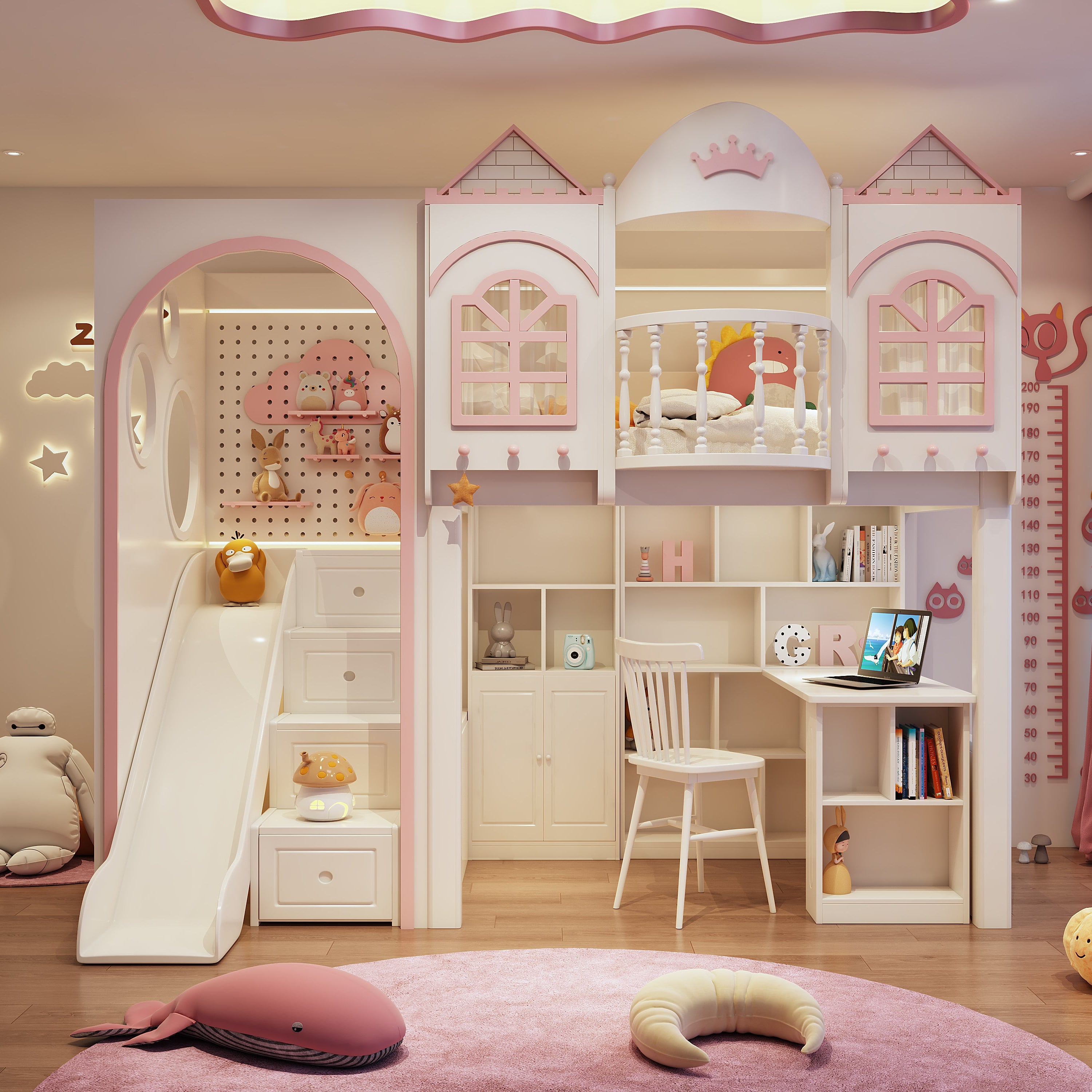 Children's room with a castle-themed bed and slide