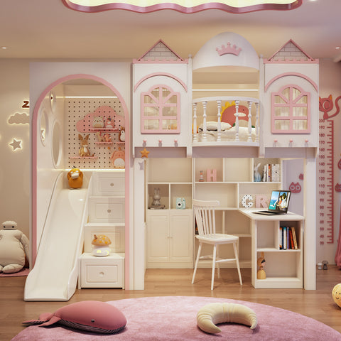 Children's room with a castle-themed bed and slide
