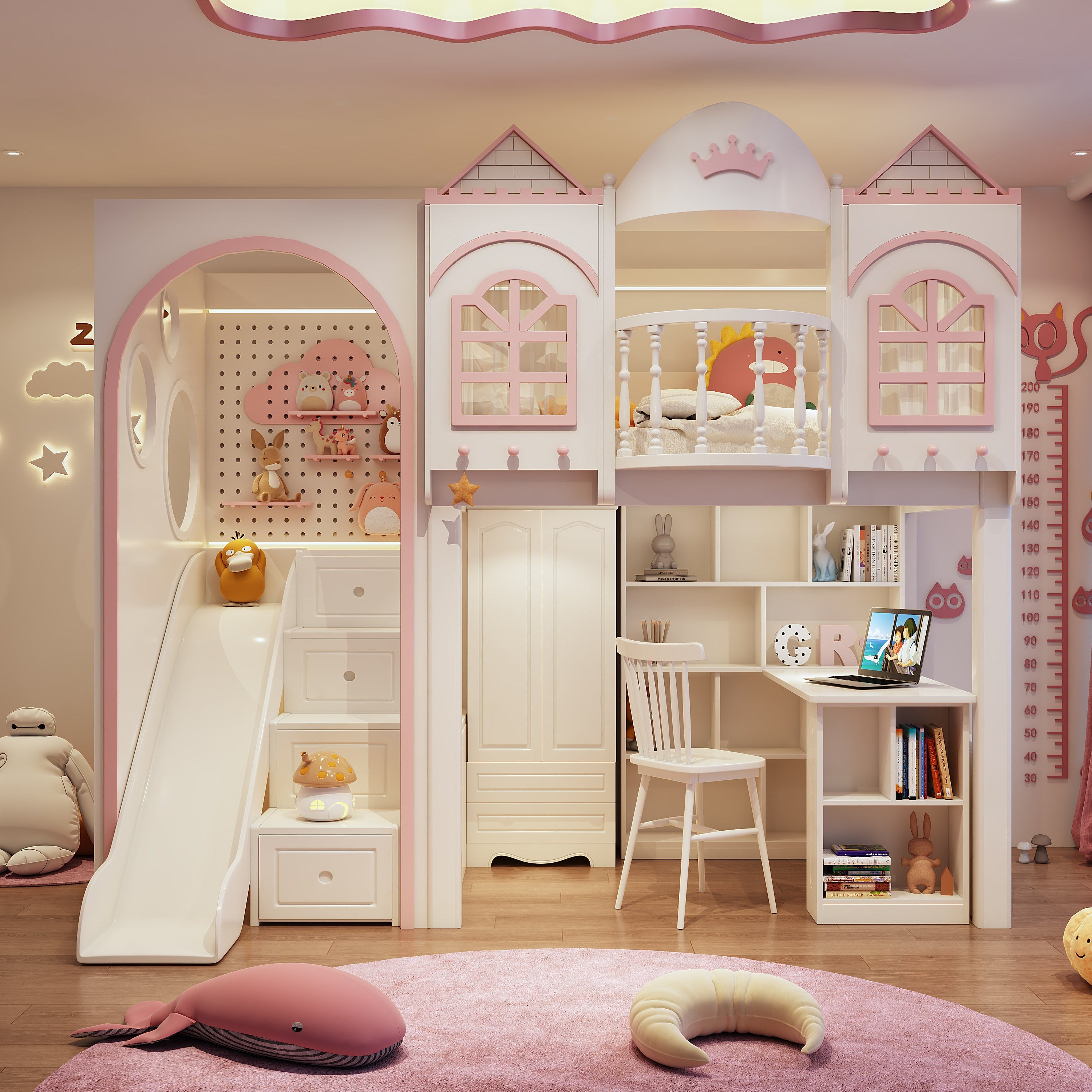Children's room with a castle-themed bed and slide