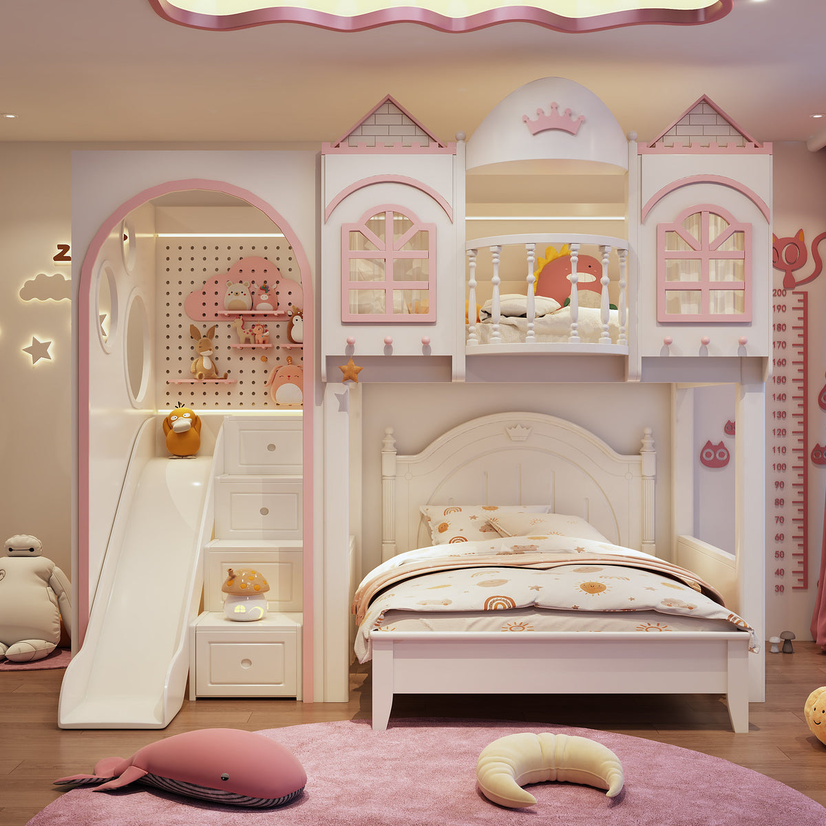 Children's bedroom with a castle-themed bed and slide