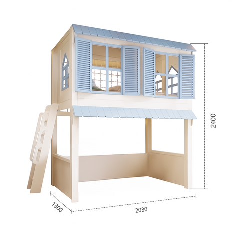 Wooden beach playhouse with blue roof and shutters, dimensions indicated on a white background