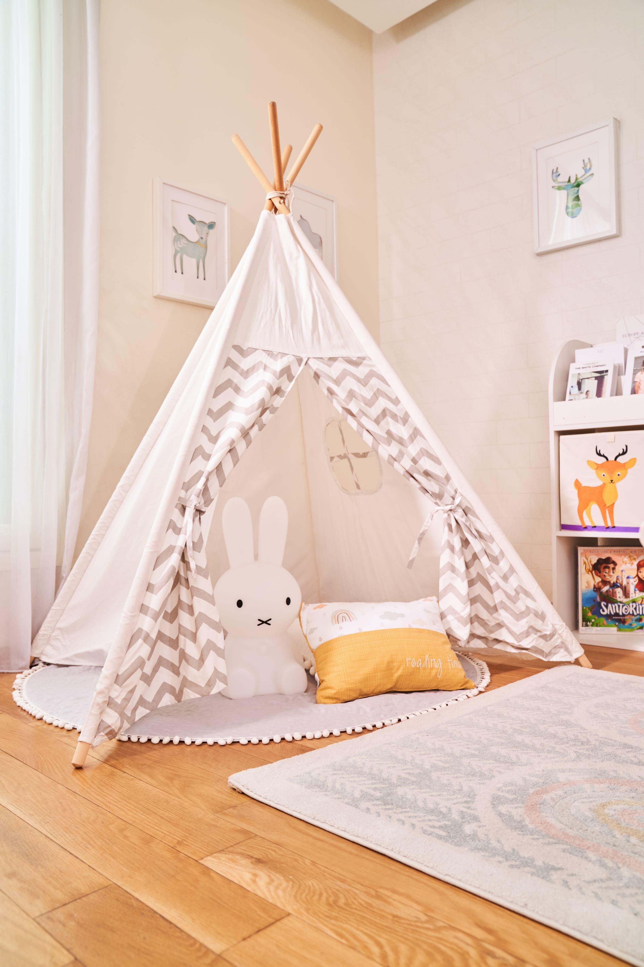 PETIT Grey and White Stripe Teepee With Mat and Lights - Kids Haven