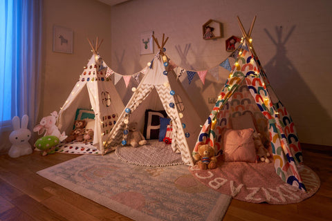 PETIT Grey and White Stripe Teepee With Mat and Lights - Kids Haven