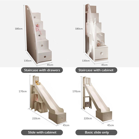 Customizable options for the Spaceship Full-Height Bunk Bed, featuring staircases with drawers or cabinets and slides with storage 