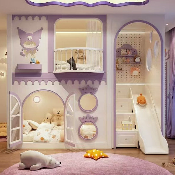 Children's bedroom with a castle-themed bed and slide