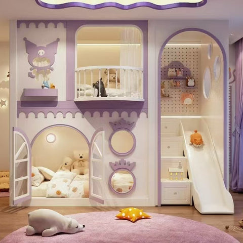 Children's bedroom with a castle-themed bed and slide
