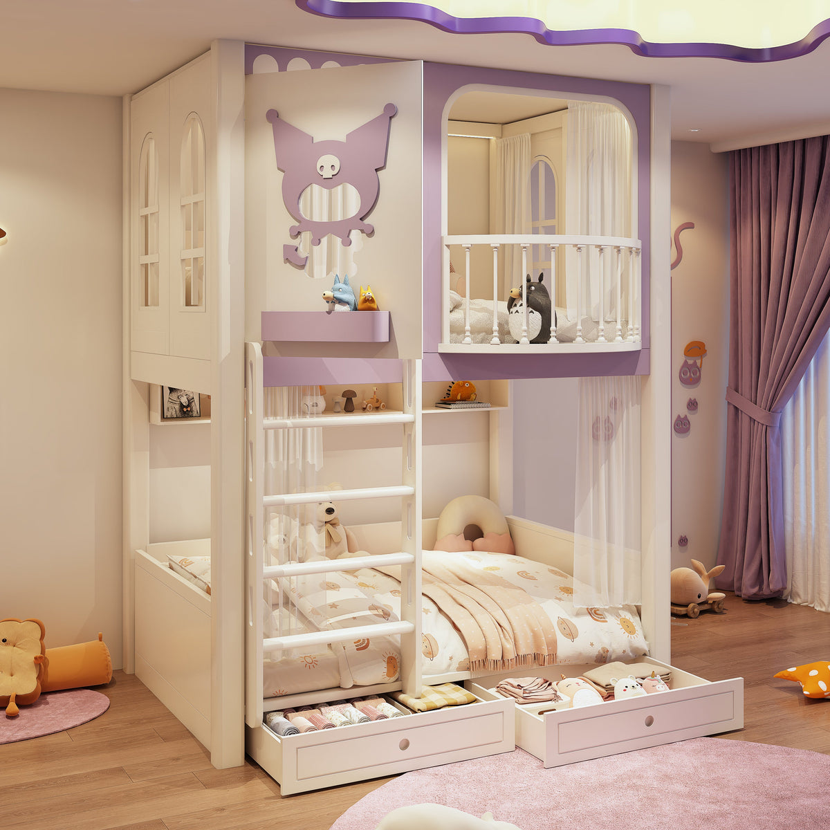 Children's room with a bunk bed, shelves, and decorative elements.