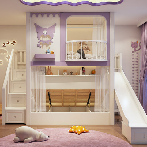 Children's room with a slide, play area, and decorative elements.