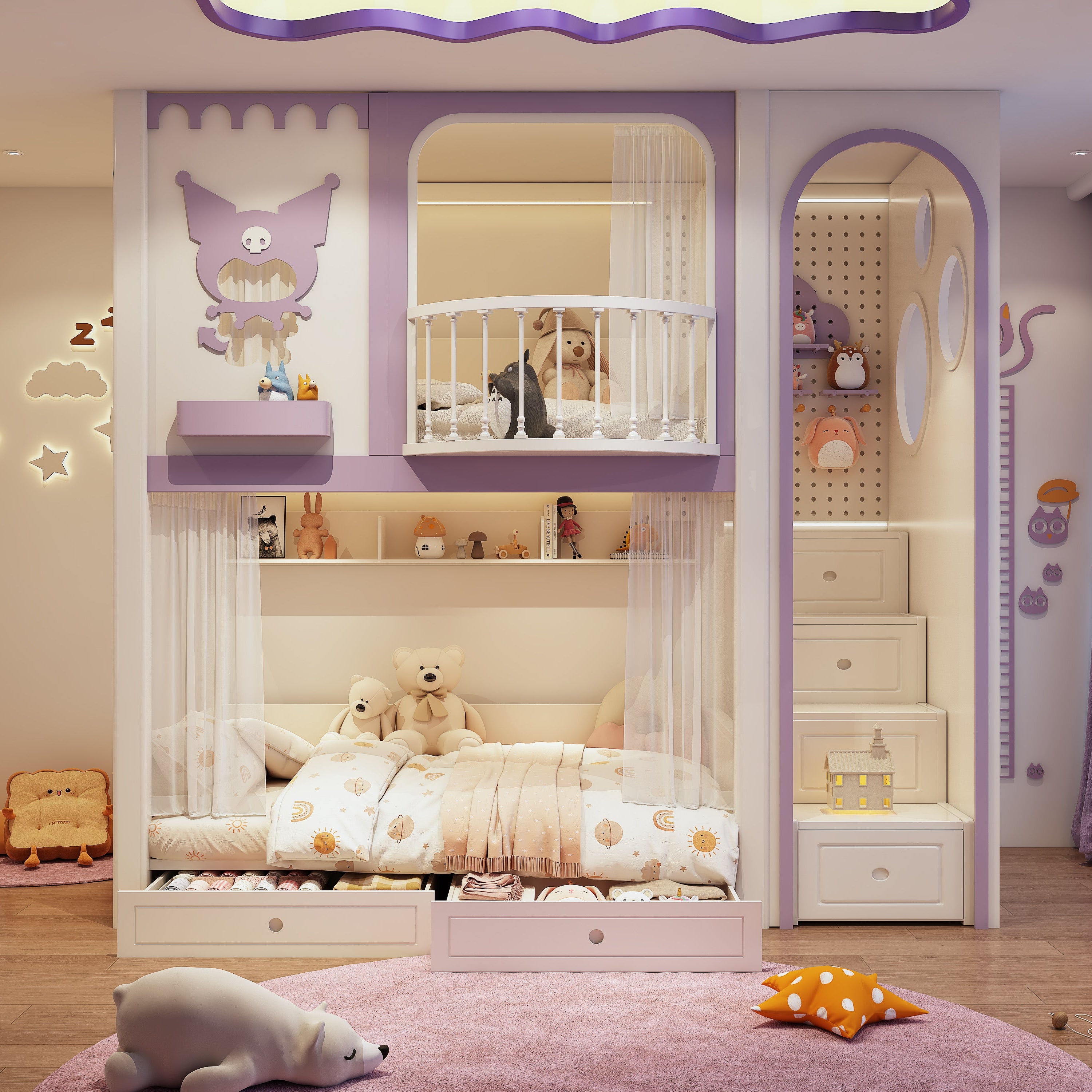 Children's bedroom with a bunk bed, toys, and decorative elements.