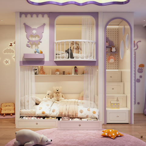 Children's bedroom with a bunk bed, toys, and decorative elements.