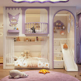 Children's bedroom with bunk bed, slide, and toys in a modern design.