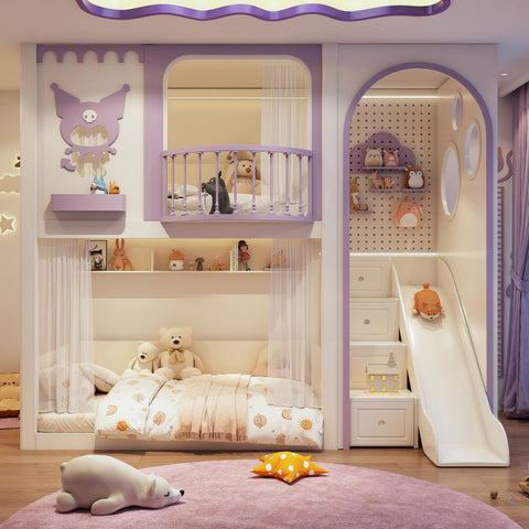 Children's bedroom with bunk bed, slide, and toys in a modern design.