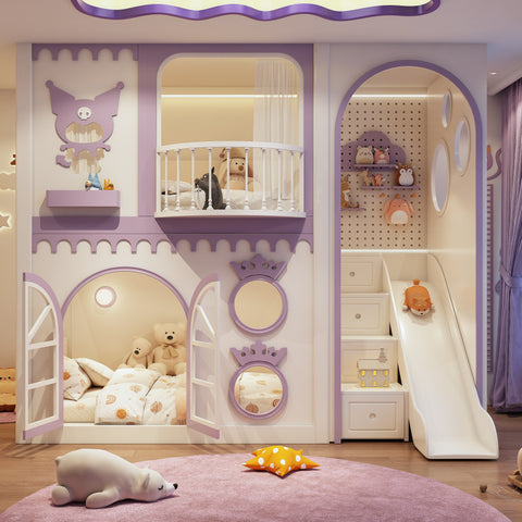 Children's bedroom with a castle-themed bed and slide