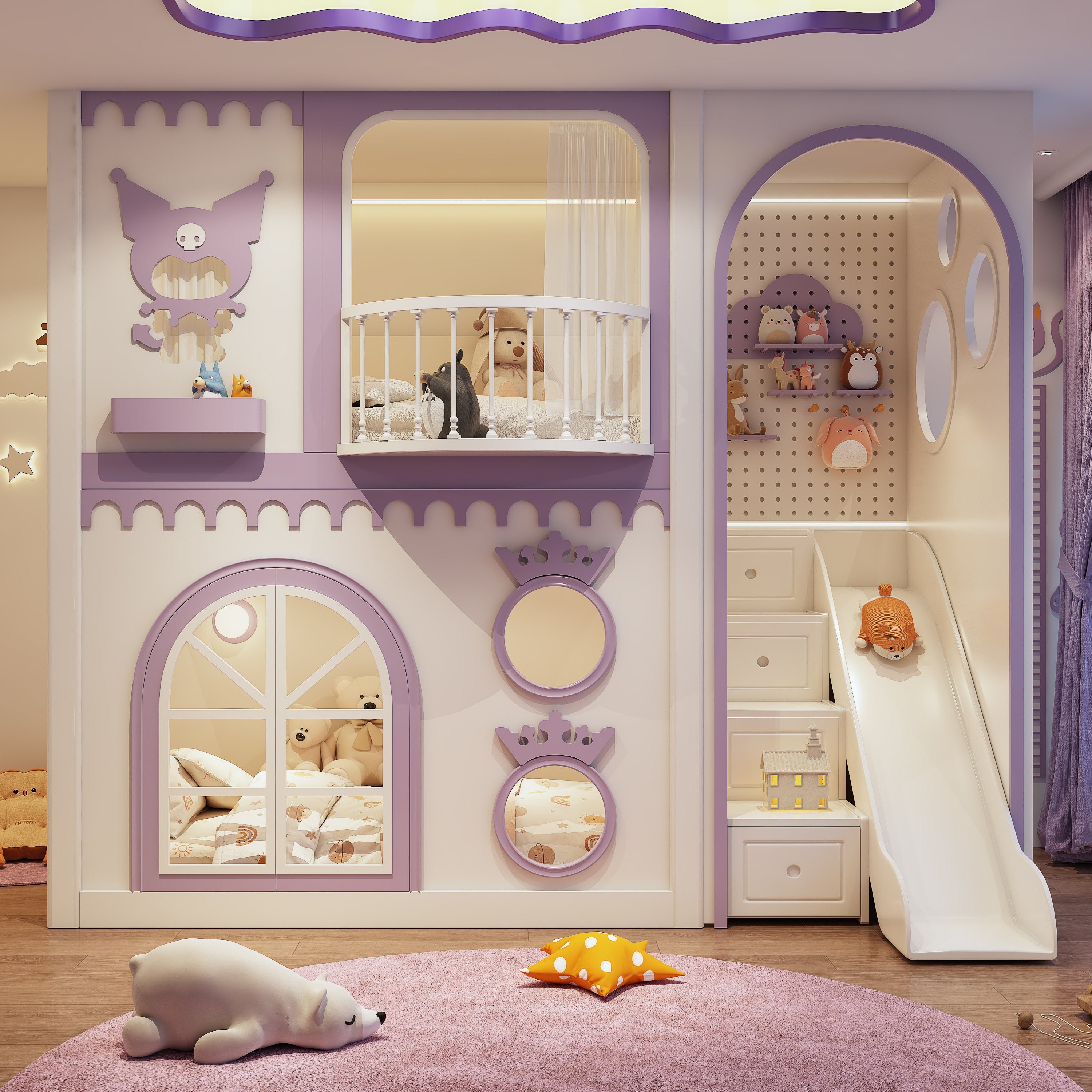 Children's bedroom with purple castle-themed furniture and slide