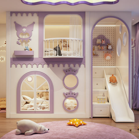 Children's bedroom with purple castle-themed furniture and slide